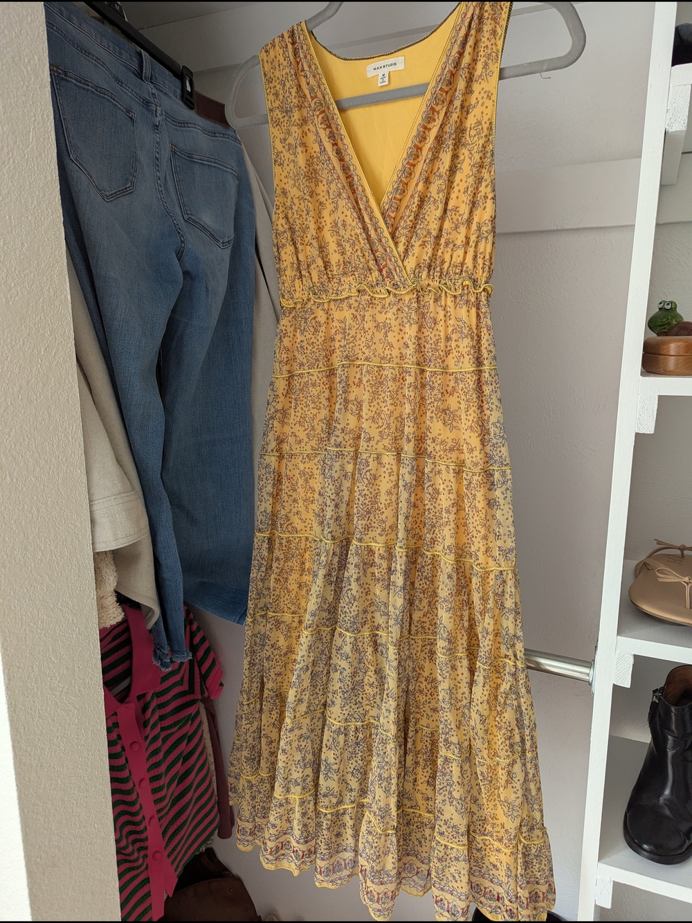 Max Studio Yellow Floral V-Neck Sleeveless Maxi Dress M